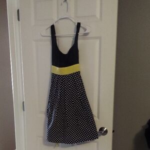Iz Byer Black and Yellow Polka Dot Midi Dress